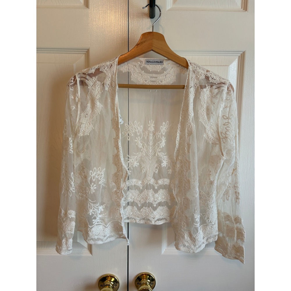Nina Leonard Womens Sheer Lace Shrug Cardigan Off White Cotton Floral Mesh Top
